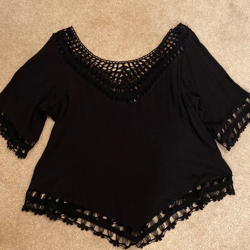 City Chic Black Blouse w crochet trim, Size 18